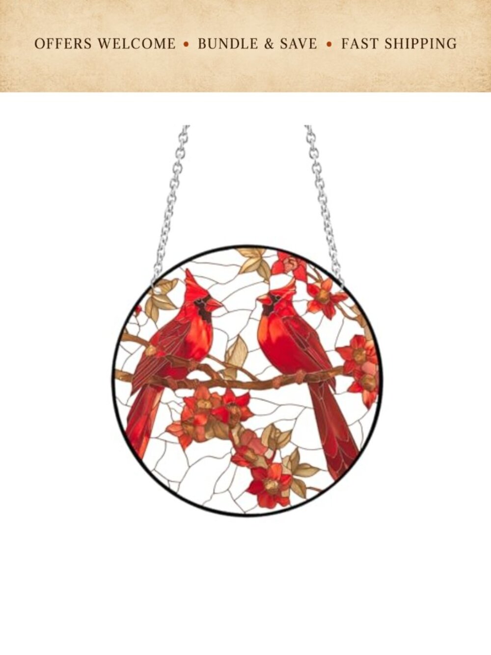 Cardinal Sun Catcher Acrylic Window Hanging with Chain 20cm Bird Lover Gift